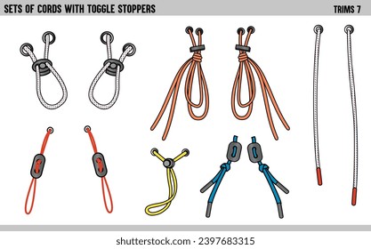 SET OF CORDS WITH TOGGLE STOPPERS FOR WAIST BAND, BAGS, SHOES, JACKETS, SHORTS, PANTS, DRESS GARMENTS, DRAWCORD AGLETS FOR CLOTHING AND ACCESSORIES VECTOR ILLUSTRATION Arkistovektorikuva