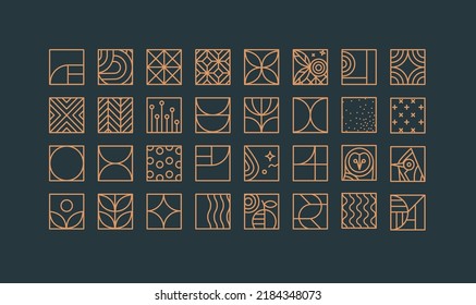Set of creative modern art deco icons in flat line style drawing on blue background. Stock Vector