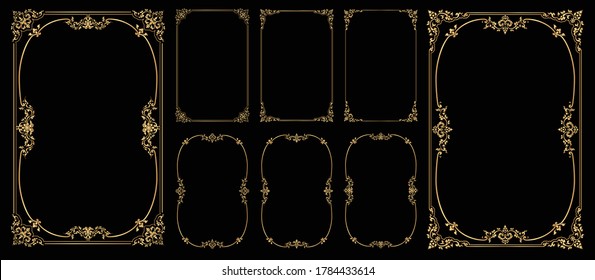 Set of Decorative vintage frames and borders on Black bacground, Gold photo frame with corner Thailand line floral for picture, Vector design decoration pattern style Stock Vector