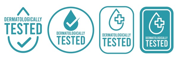 Set dermatologically tested vector label with water drop, leaf and hand logo. Dermatology test and dermatologist clinically proven icon for allergy free and healthy safe product package tag. Stockvektorkép