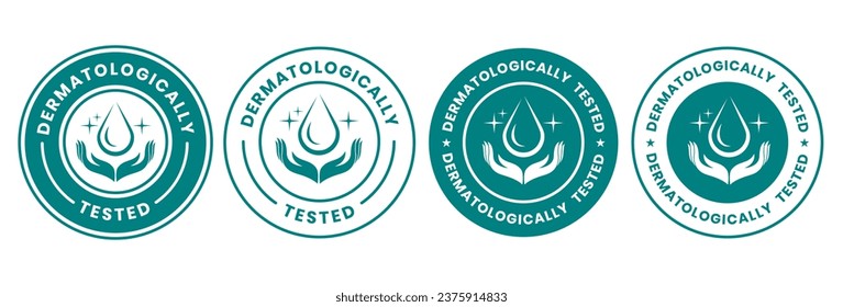 Set dermatologically tested vector label with water drop, leaf and hand logo. Dermatology test and dermatologist clinically proven icon for allergy free and healthy safe product package tag. Stockvektorkép