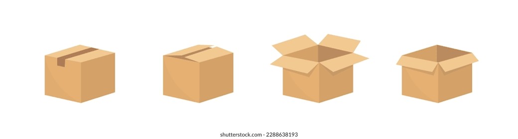 Set of different brown cardboard packaging boxes. Collection of cardboard box mockups. Shipping carton open and closed box with breakable signs. Parcel packaging template. Vector illustration Stockvektor