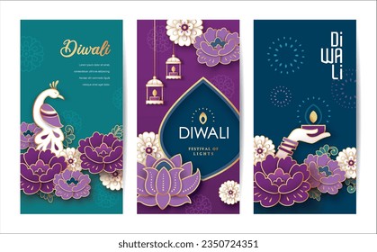 Set of Diwali festival banner design with peacock, lights and flowers background. Stock Vector