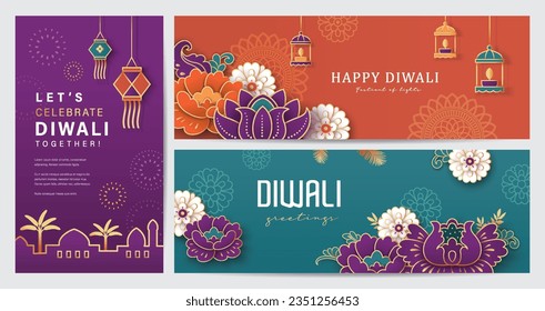 Set of Diwali festival banner design with lights and flowers background. Stock Vector
