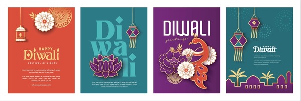 Set of Diwali festival poster design with peacock, lights and flowers background. Stock Vector