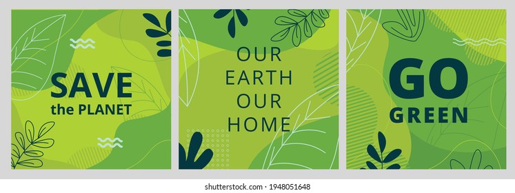 Set of Earth Day posters with green backgrounds, liquid shapes, leaves and elements. Layouts for prints, flyers, covers, banners design. Eco concepts. Vector illustration Stock Vector