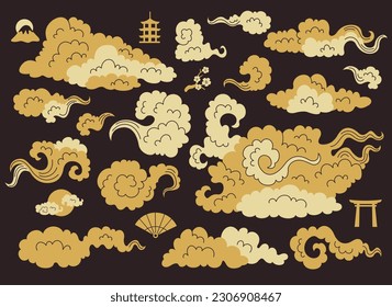 Set of elements in oriental japanese style. Vintage Asian icons with sakura branch, golden clouds, sea foam and Chinese architecture. Cartoon hand drawn vector collection isolated on dark background: stockvector