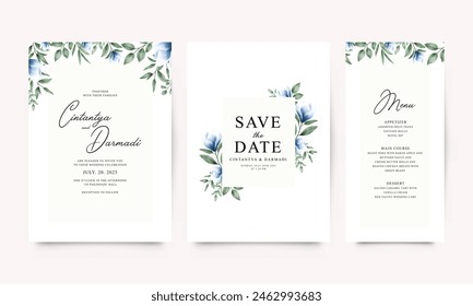 Set of elegant wedding invitation templates with blue flowers Stock-vektor