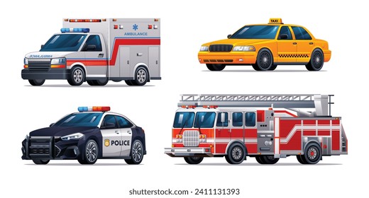 Set of emergency vehicles. Ambulance, taxi, police car and fire truck. Official emergency service vehicles vector illustration Immagine vettoriale stock