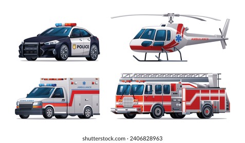 Set of emergency vehicles. Police car, fire truck, ambulance car and helicopter. Official emergency service vehicles vector illustration Immagine vettoriale stock