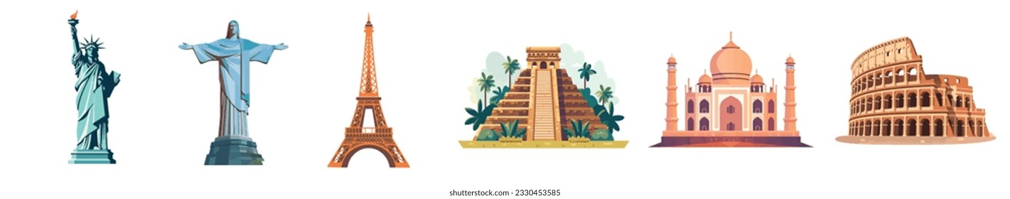 Set of famous monuments and landmarks. statue of liberty, Christ the redeemer, Eiffel tower, Chichen Itza, Taj mahal mosque, Colosseum. Vector design. Famous towers and world monuments vector set. – Vector có sẵn