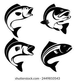 釣りのロゴのための魚のベクターイラストのセット。釣りのロゴコレクション。魚のシルエット。ロゴ、スタンプ、エンブレム、バッジの魚のアイコン。のベクター画像素材