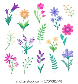 Set of flat Spring flower icons in silhouette isolated on white background. Cute illustrations in bright colors for stickers, labels, tags, scrapbooking. เวกเตอร์สต็อก