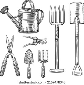 Set of garden tools gardening equipment woodcut engraved vintage style icon illustrations Stock Vector