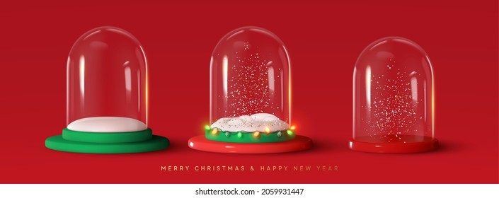 Set of Glass snow globe Christmas decorative design. Podium under transparent glass dome with white snowdrift, and glow garland. Xmas red round scene. Red and white Studio. Stand for Promotion Product Stock Vector