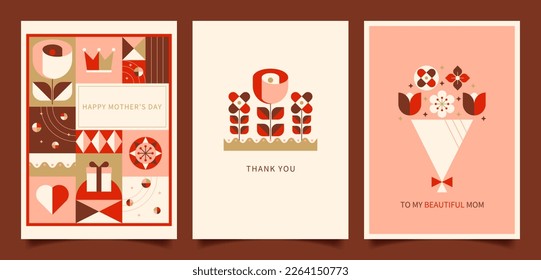 Set of greeting cards for Mother's Day. Mother's day card designs with geometric flowers, heart, crown, gift, and abstract shapes. Stock Vector