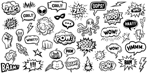  Set of hand drawn elements doodle comics isolated on white background. Speech bubbles with the words bom, boom, pow, poof, omg, crush: stockvector