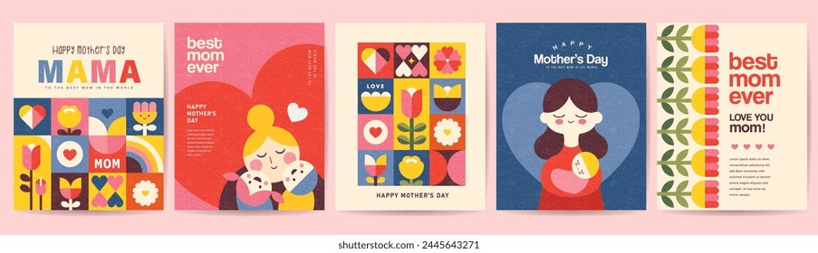 幾何学的なスタイルのハッピーマザーデーのフラットベクターイラストのセット。子供、花、抽象的な幾何学的図形を持つママ。のベクター画像素材