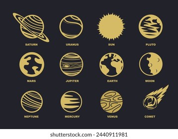 地球、太陽、惑星のアイコンのセット。モノクロイラスト。のベクター画像素材