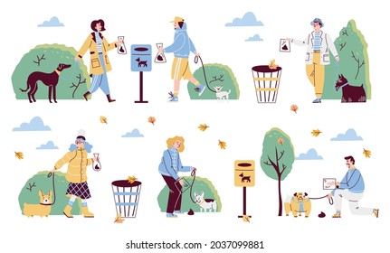 公園でペットを飼った後にウンチを掃除する人の画像セット。カートーンフラットスタイルの分離型ベクターイラスト。飼い主が犬の排泄物をゴミ箱に投げ捨て、ペットの後の糞を浄化するキャラクター。のベクター画像素材