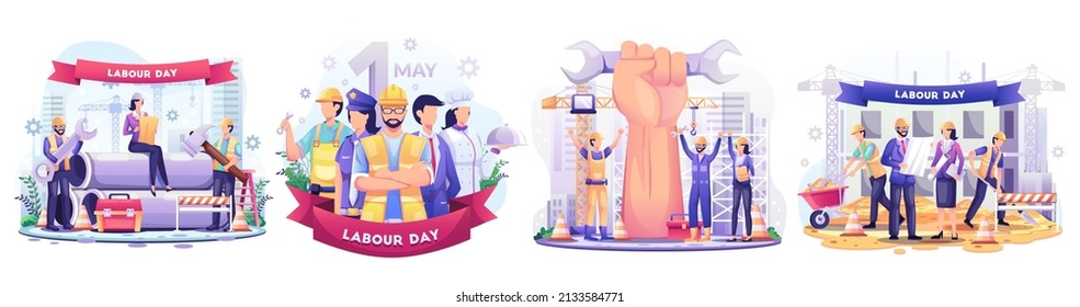 Set of Labour Day with A Group Of People Of Different Professions. Businessman, Chef, Policewoman, construction workers. Flat style vector illustration Stock Vector