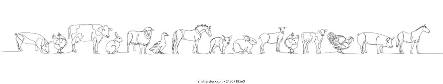 set of livestock, horse, chicken, pig, turkey, rabbit, cow, sheep one line art. Continuous line drawing of farm, nature, agriculture, farm animals, rural life, ranch.: wektor stockowy