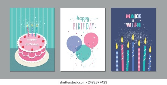 Set of lovely birthday cards design with cake, balloons, birthday candle and typography. Vector illustration. Vektor Stok
