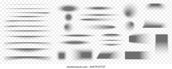 紙または梱包箱の影の効果のセット。異なる現実的な柔らかい灰色の図形。透明な背景に分割線、正方形と長方形、円形と楕円形の色合い。ベクターイラスト。のベクター画像素材