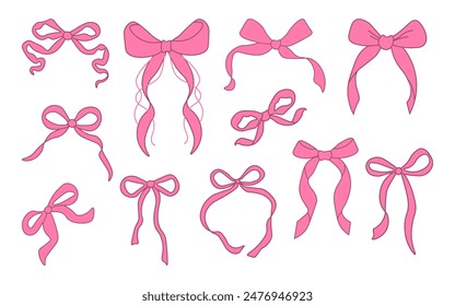 Set of pink bows. Bowknots for hair decor. Trendy girls hair braiding accessories. Vector Illustration Imagem Vetorial Stock