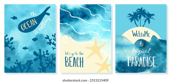 Set of postcards with nautical details. Backgrounds with watercolor texture. Summer cards with fish, palm trees, starfish and the ocean. Imagem Vetorial Stock