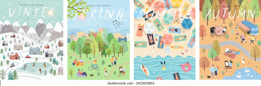 Set posters voor winter, lente, zomer en herfst. Leuke vectorillustratie van vier seizoenen. Tekeningen van mensen, natuur, bomen, park en strand: stockvector
