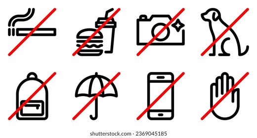 Set of prohibition line signs. No smoking, food and drinks, flash, animal, backpack, umbrella, phone outline icons isolated on white background. Do not touch symbol. Editable stroke. Vector graphics Stock vektor
