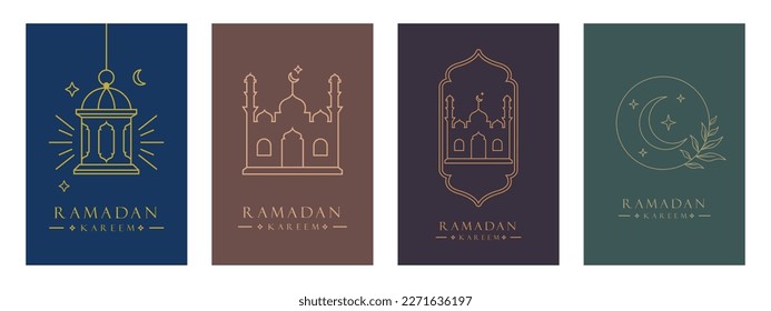 A set of Ramadan vector illustrations.  Islamic greeting card template with Ramadan for wallpaper design. Poster, media banner. Vektor Stok