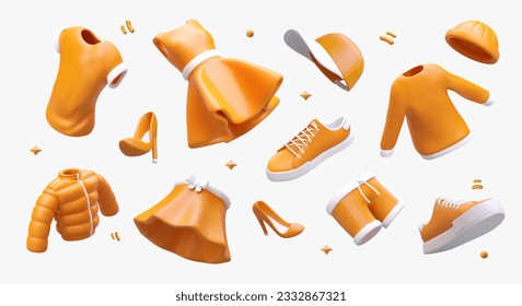 Set of realistic clothes, shoes, hats. Yellow items of men and women wardrobe. Cute image with stars, rays. Color illustration in cartoon style. Sports and classic clothes Imagem Vetorial Stock