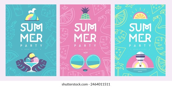 Set of retro flat summer disco party posters with summer attributes. Vector illustration स्टॉक वेक्टर
