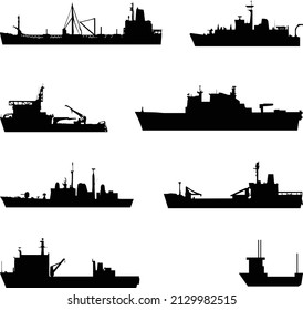 A set of silhouettes of warships for design and creativity. contour image of amphibious ships. Illustration on a white background The contours of warships, frigates, vector de stoc