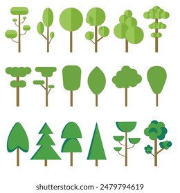A set of simple images of trees, pines, firs, leafy. Flat illustration layout for designs. Vector images on a white background. Immagine vettoriale stock