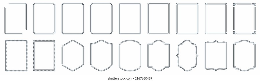 Set of simple line frames with double stroke. Easily editable vector edges with editable line thickness. Collection of vertical blank templates to decorate text. Greeting or wedding frames., vector de stoc