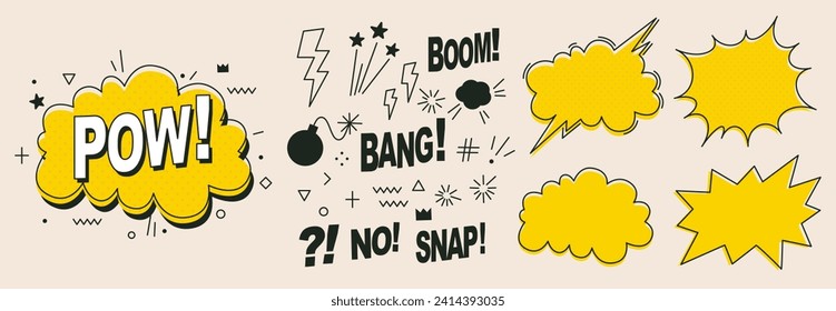 A set of speech bubbles. Comic text sound effects. Banner, poster, sticker concept. Expression funny style text Boom, Pow. Explosion. Vector bright cartoon messages. Abstract background pop art style: stockvector