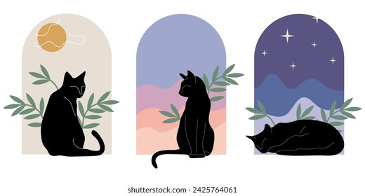 昼、夜、夜のボホスタイルで3匹の猫のセット。ボヘミアンの最小限の抽象的有機形状、アーチ。猫ルーチン。 ベクターイラスト。背景のデザイン、カード、ウォールアートのベクター画像素材