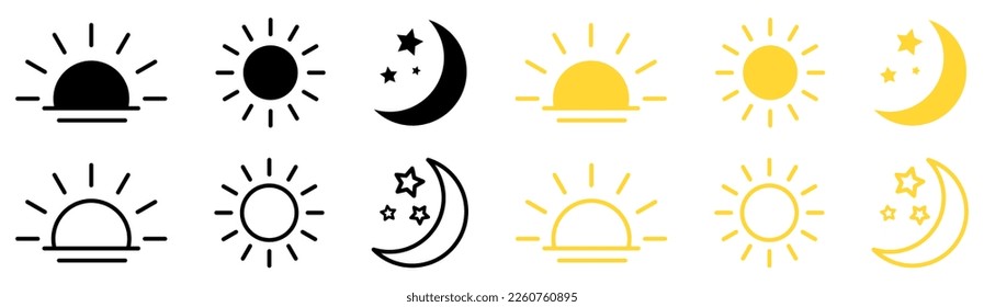 日の時間アイコンのセット。日没、太陽、月のアイコン。ベクターイラストのベクター画像素材