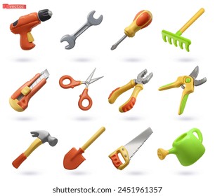 Set of tools. 3d vector cartoon icon Stock Vector