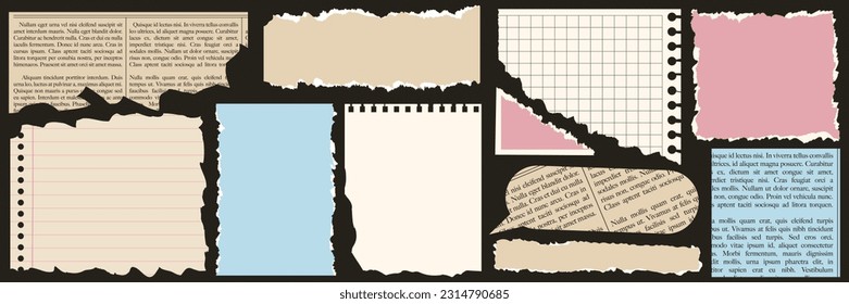 A set of torn paper, notebook sheets, old newspaper. Trendy elements for collage.  Vector contemporary illustration. Stock Vector