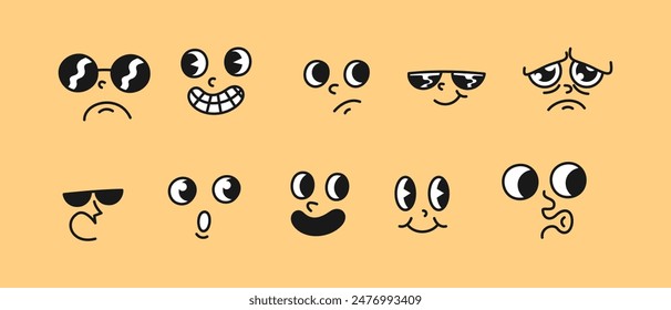 Set of Unique Cartoon Face Expressions with Different Emotions - Vector Illustration of Funny and Sad Faces with Sunglasses, Googly Eyes, and Various Mouths - Perfect for Emojis, Stickers, etc Stock-vektor
