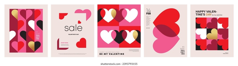 バレンタインデーのポスター、グリーティングカード、カバー、ラベル、販売促進テンプレート、現代のトレンディな幾何学的スタイルのパターン背景のセット。のベクター画像素材