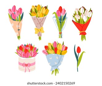 Set of various bouquets of tulips. Flowers in wrapping paper. Floral design templates for Women's and Mother's Day. Flat vector illustration
: wektor stockowy
