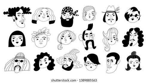 Set of vector flat style black and white male and female characters. Vector avatars. Men and women vector portraits.  Stock-vektor