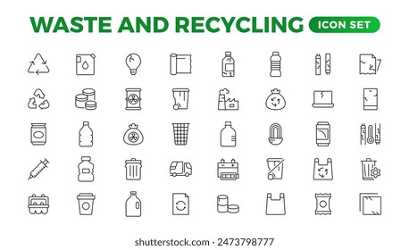 廃棄物とリサイクルラインのアイコンのセット。ゴミ、ゴミ、分別、廃棄物のリサイクル リニアアイコンコレクション。
のベクター画像素材