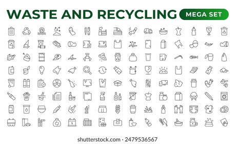 廃棄物とリサイクルラインのアイコンのセット。ゴミ、ゴミ、分別、廃棄物のリサイクル リニアアイコンコレクション。のベクター画像素材