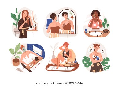 Set of woman during everyday hygiene routine in bathroom. Females applying natural cosmetic products during daily skin, face, hair and body care. Flat graphic vector illustrations isolated on white Stock Vector
